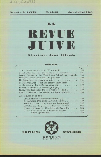 La Revue Juive de Genève. Vol. 9 n° 4-5 fasc. 84-85 (juin-juillet 1946)